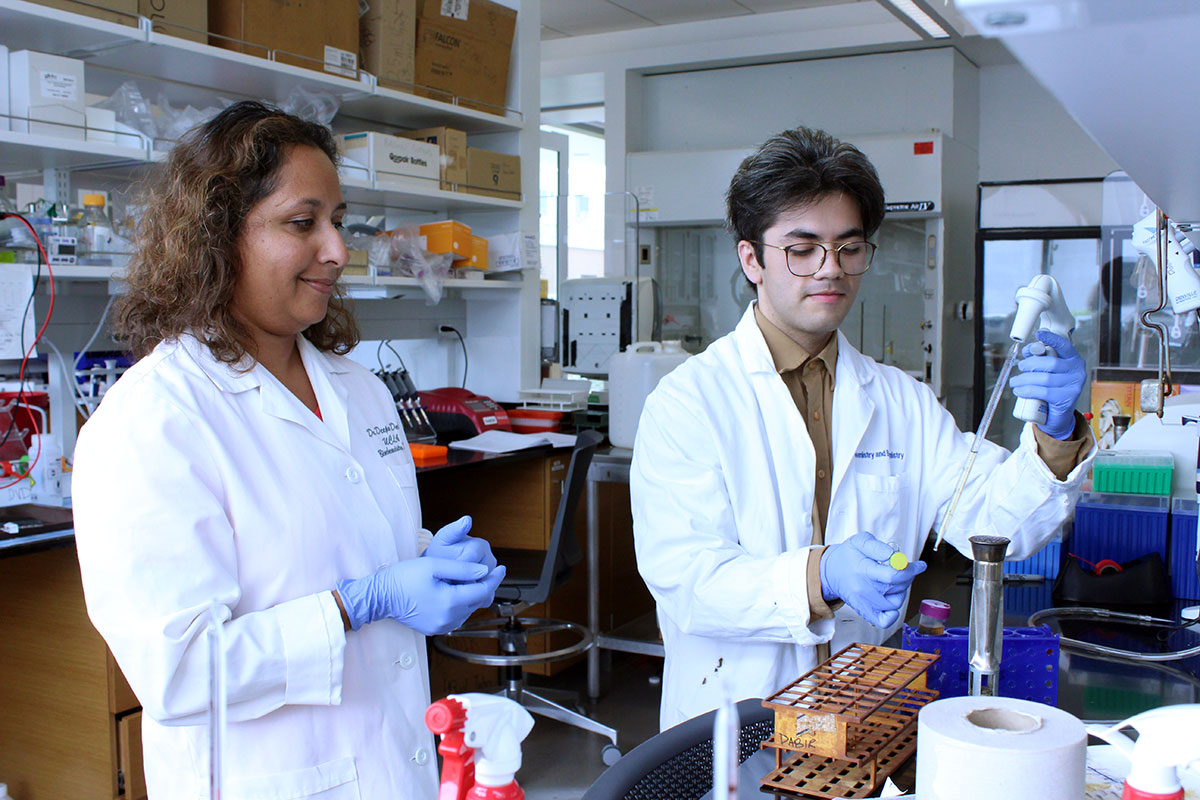Two biology students working in a lab